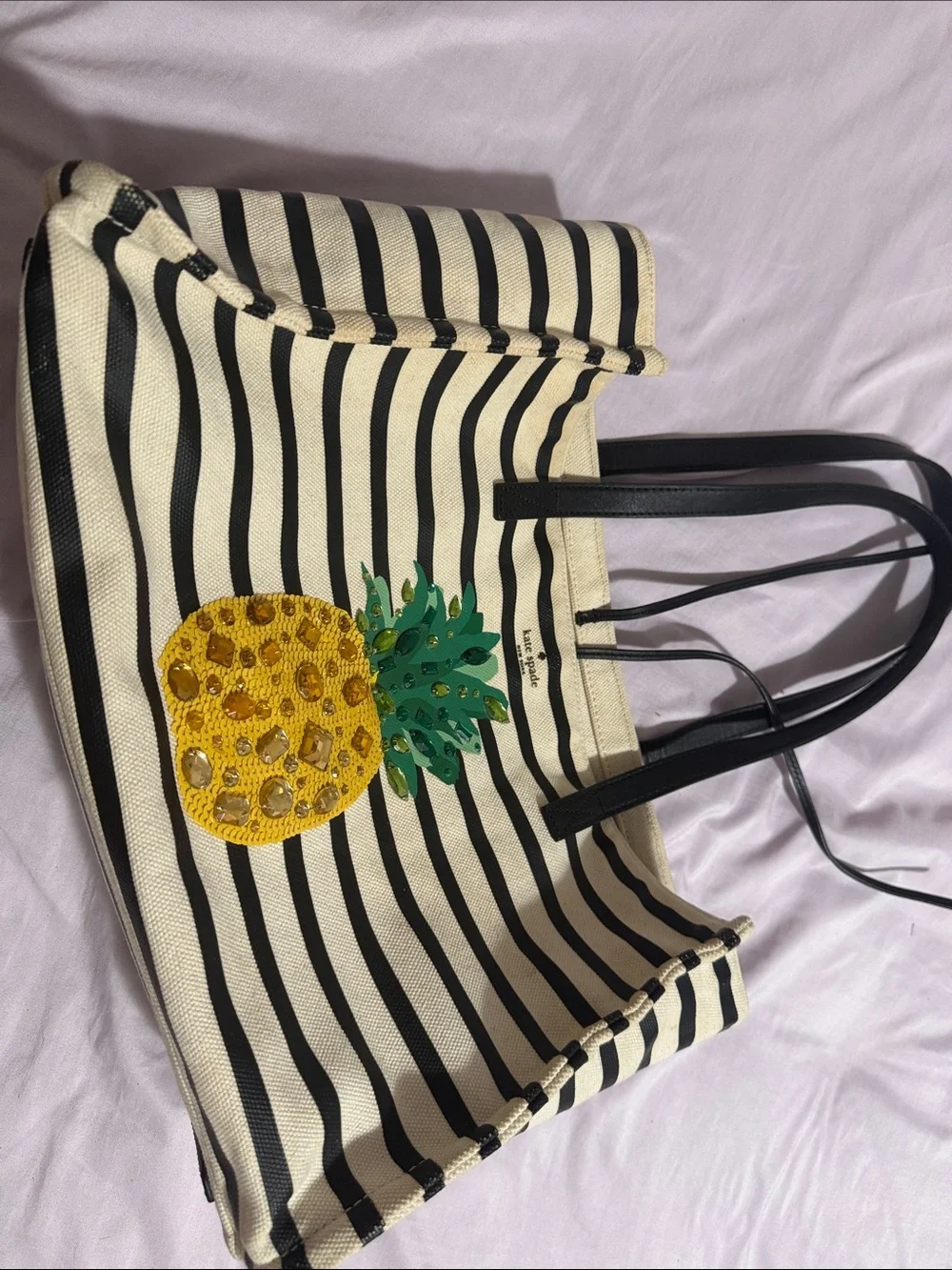 kate spade Black & Cream Striped Tote with Jeweled Yellow and Green Pineapple
